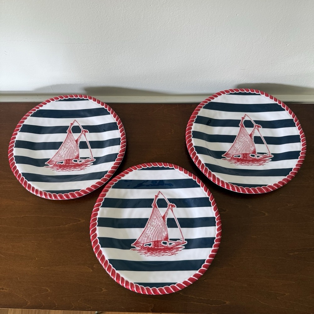 Set of 3 Tommy Bahama Melamine Plates Nautical Ocean Sailboat 9"